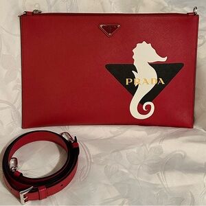 Prada Red Saffiano Leather Seahorse Graphic Clutch with Detachable Strap
